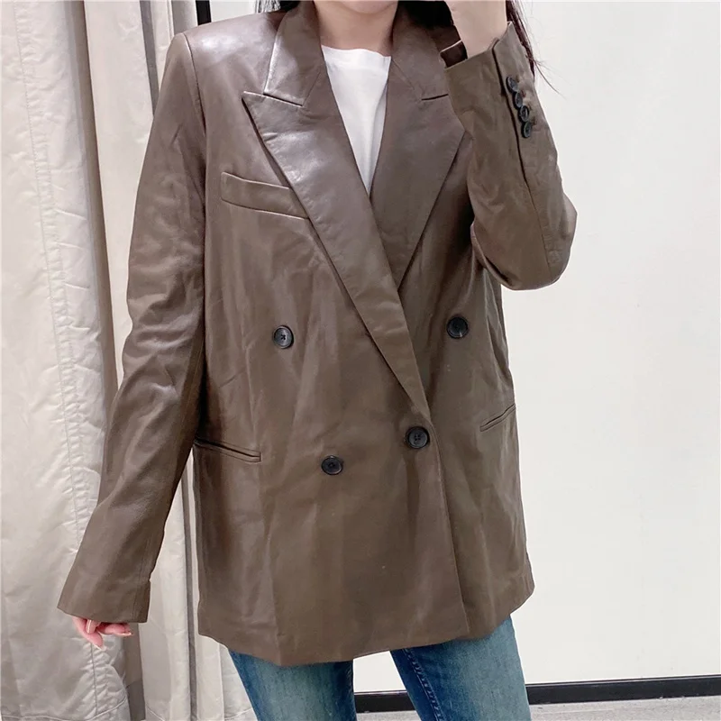 

Женский однотонный блейзер из искусственной кожи на пуговицах, осень 2021