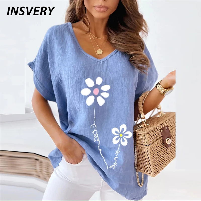 

Elegant Women Loose Shirt Summer V Neck Short Sleeve Blouse Shirts Casual Floral Print Ladies Tops Fashion Shirts For Women