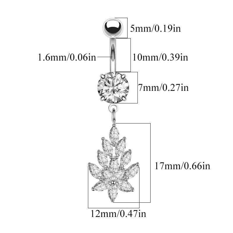 

Surgical Steel Crystal Zircon Leaf Piercing Belly Button Ring Creative Dangle Sexy Navel Ring Body Piercing Tool Fashion Jewelry