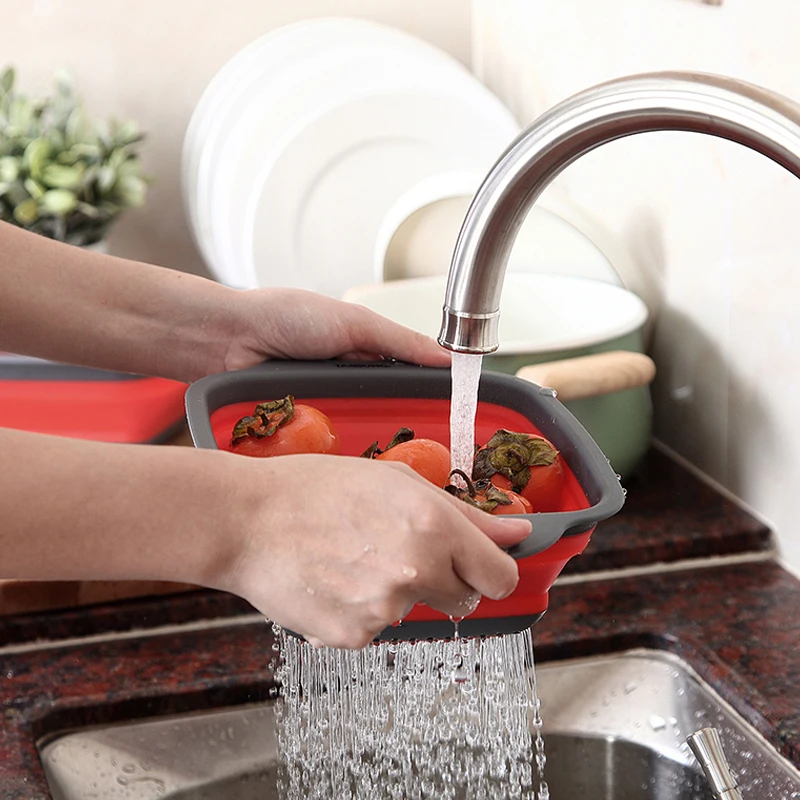 Square Silicone Foldable Fruit Vegetable Washing Basket Strainer Colander Collapsible Drainer With Handle Kitchen Tools | Дом и сад
