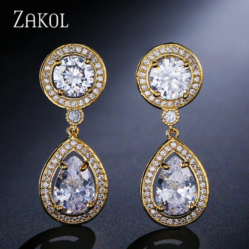 Классические висячие серьги ZAKOL из розового золота и белого кубического циркония