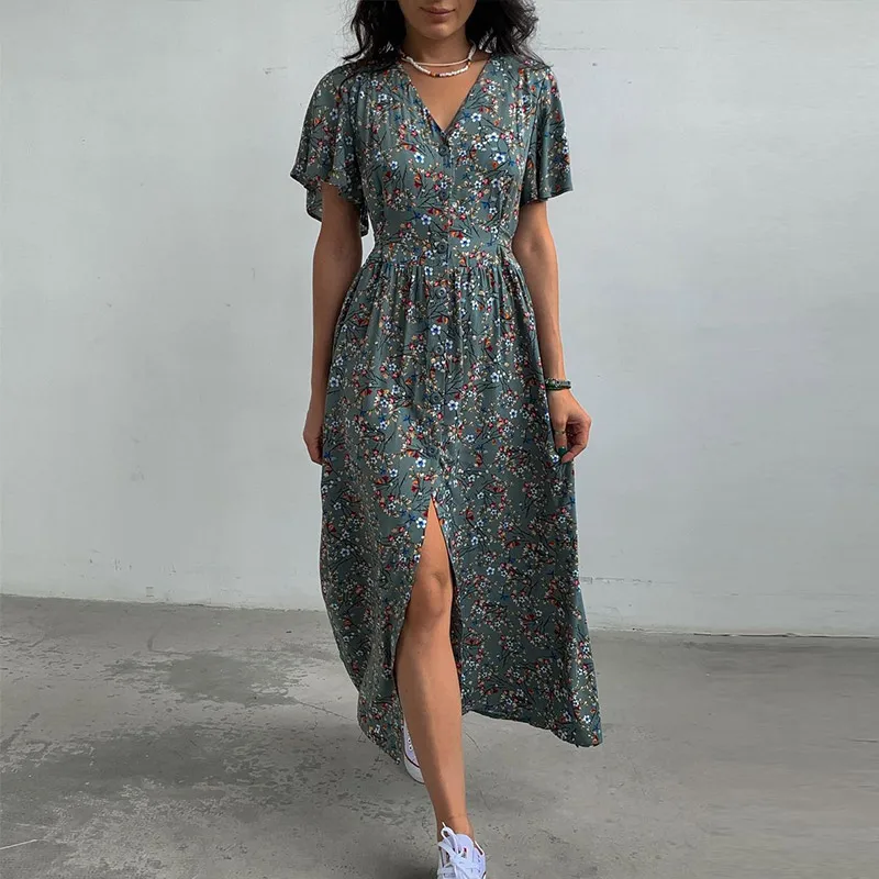 

Women Retro Floral Printed Dress 2022 Sexy V Neck Lotus Leaf Sleeve Midi Dress Summer Female Casual Slit Club Party Dress Beach
