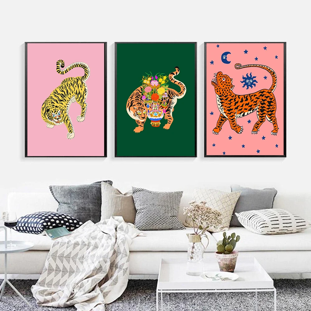 

Nordic Abstract Wild Animal Tiger Good Luck Picture Pink Canvas Painting Wall Art Posters Prints Interior Living Room Home Decor