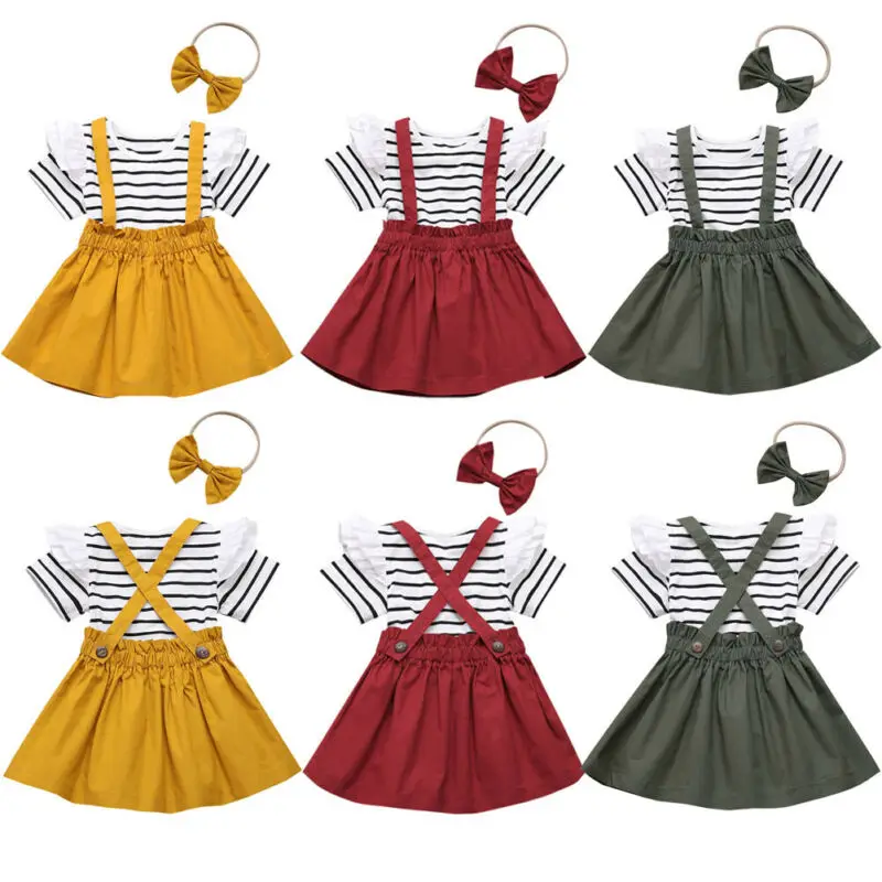 

Fashion Toddler Kid Baby Girl Clothes Short Sleeve Striped Top T-shirt +Strap Skirt Summer 2PCS Outfit Set
