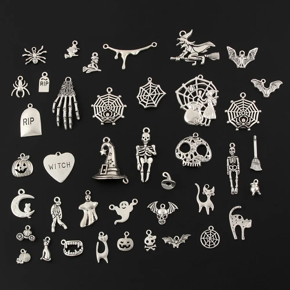 40pcs Mix Silver Color Halloween Pumpkin lantern Charms Witch Hat Ghost Pendants Collection DIY Handmade Jewelry Accessorie M222