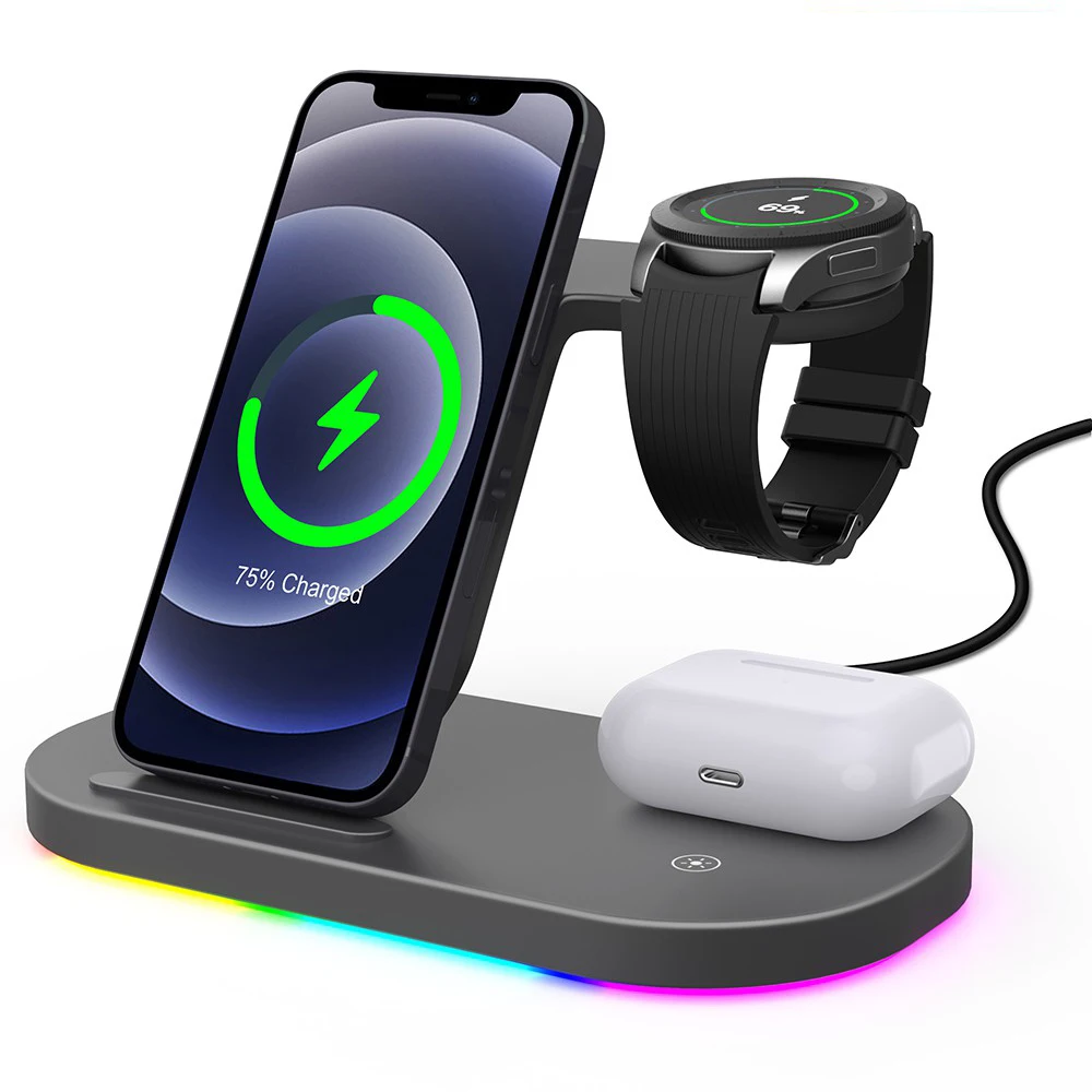 3 in 1 wireless charger stand 15w fast charging dock station for samsung galaxy watch for iphone 12 xiaomi huawei for airpods 2 free global shipping