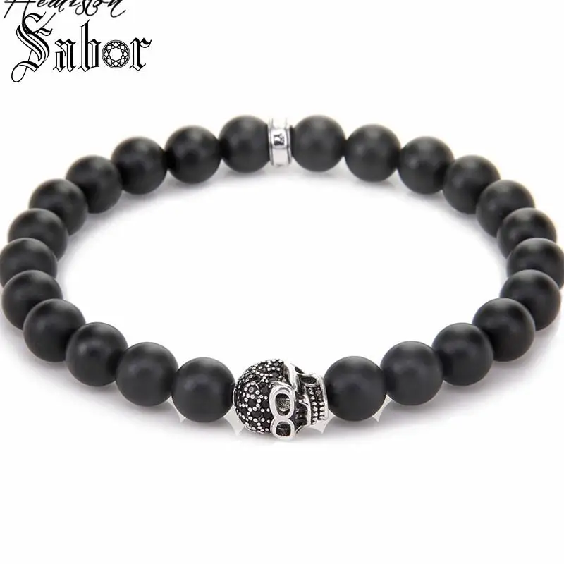 Браслет с черепами и бусинами из матового черного обсидиана европейские