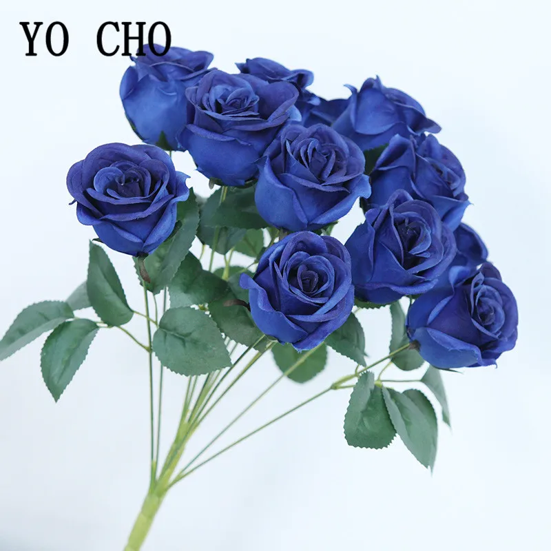 yo cho artificial flower bouquet 12 heads silk rose burgundy blue flower fake rose bunch wedding party home table decoration free global shipping