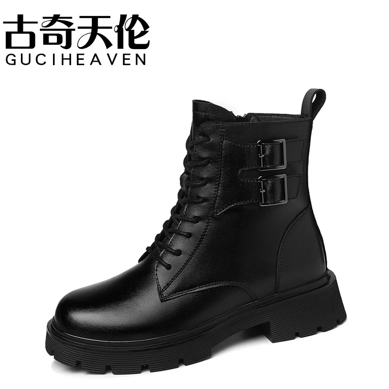 

Round toe square heel Martin boots, belt buckle decorated side zipper casual women's boots