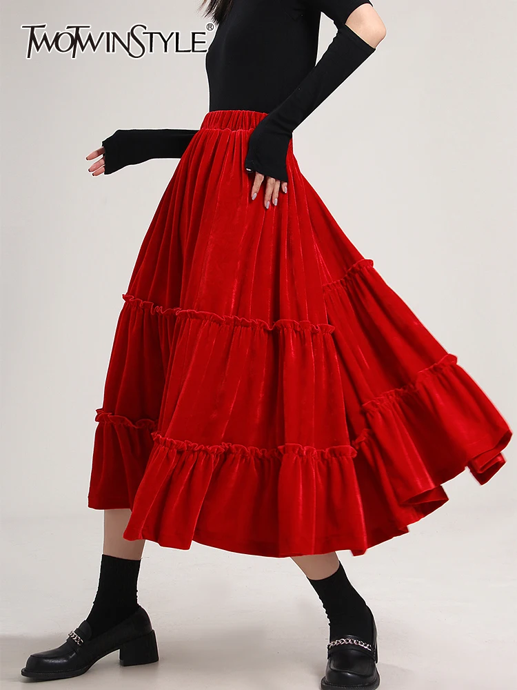 

Женская плиссированная юбка TWOTWINSTYLE, красная винтажная юбка средней длины с высокой талией, в стиле пэчворк, в Корейском стиле