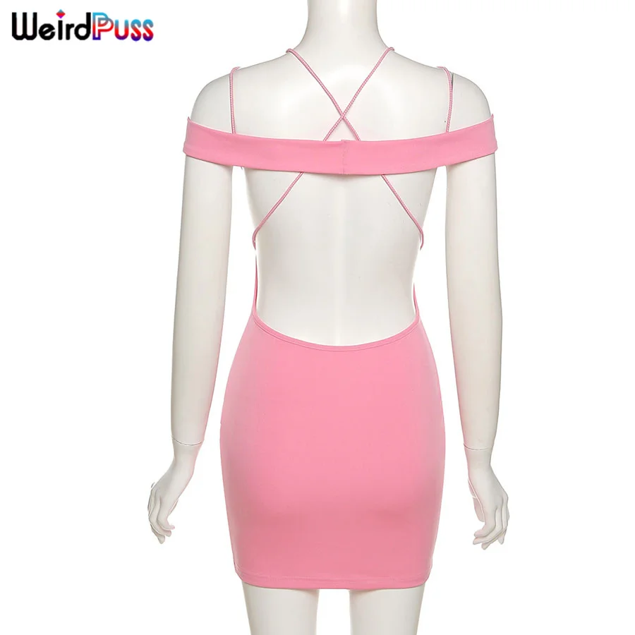 

Weird Puss Sexy Off Shoulder Y2K Dresses Slide Zip Women Skinny Backless Sleeveless Summer Bodycon Party Night Clubwear Outfits
