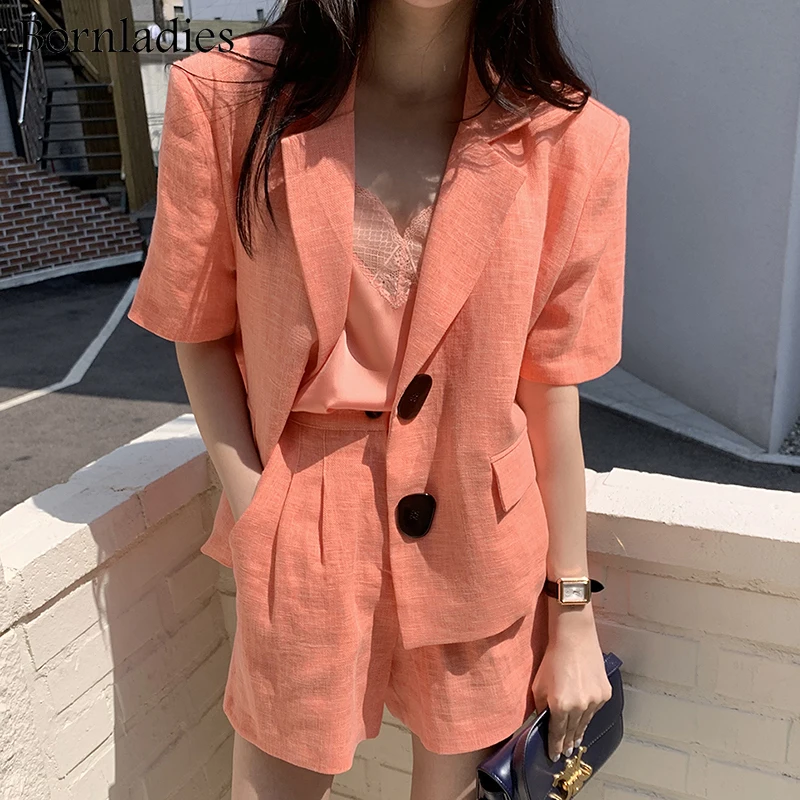 

Bornladies Summer Korean Notched Loose Short Sleeve Blazer+High Waist Short Pants Sets Cotton and Lining Shorts Two-piece Suits