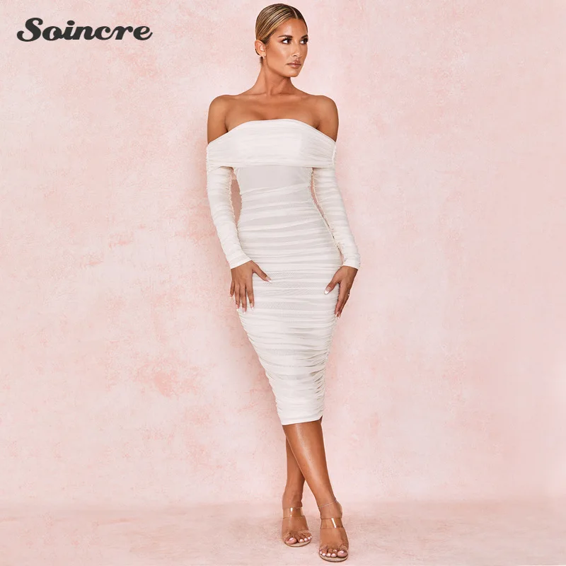 

Women's Fashion Long Sleeved One-shoulder Pleated Solid Color Dress Sexy Slim Evening Party Dress Bodycon Backless Formal Dress