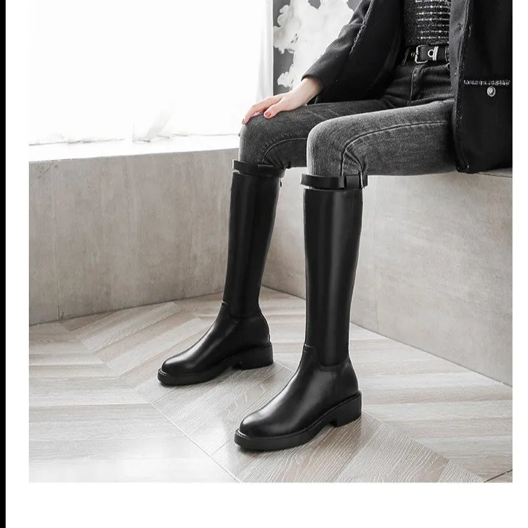 

NAUSK 2021 NEW Winter over the knee boots med heels round toe black color women boots fashion leather boots