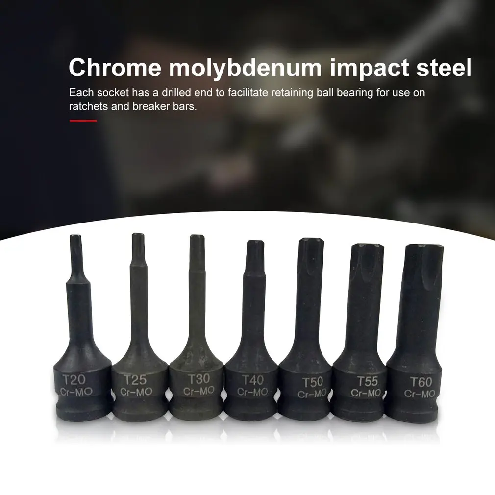 Набор головок ударного типа с внешним квадратом 3/8 дюйма, звездообразными битами Torx, 7 штук, изготовленный из хром-молибдена, для гаечного ключа с рукояткой в форме буквы T, размеры M и H.