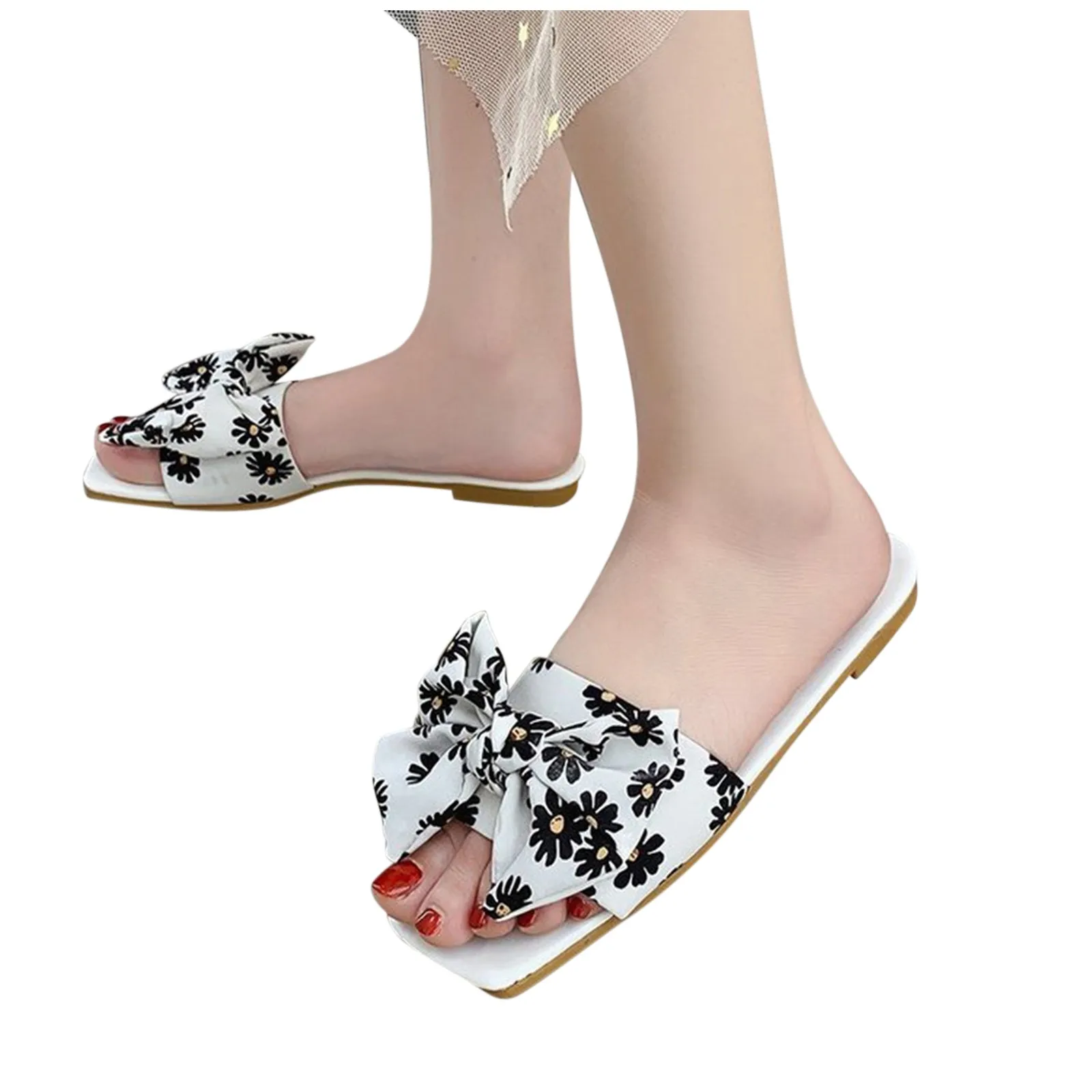 

2021 New Summer Fashion Bowknot Open Toe Floral Bow Slippers Breathable Comfortable Flat Flip Flop