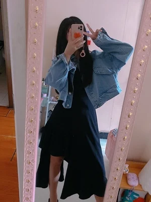 

IEQJ Women Casual shawl design short solid color long-sleeved denim jacket New Lapel Loose Jacket Fashion Spring Autumn 2021