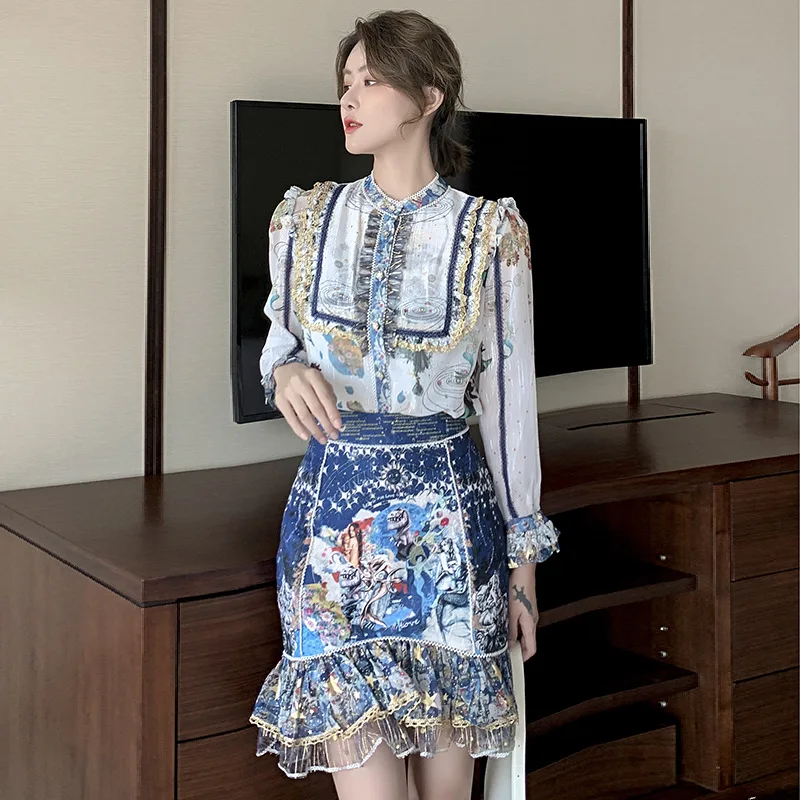 

Cartoon Print Western Style Two-Piece Suit Women's Clothing Summer New Long Sleeve Shirt Slim Fishtail Package Hip Skirt