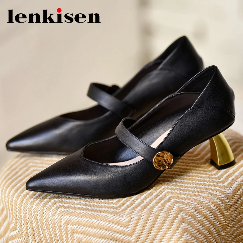 

Lenkisen French romantic natural leather pointed toe strange high heels special design beauty lady daily wear women pumps L88