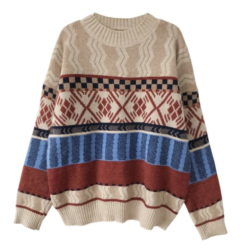 Пуловер женский трикотажный контрастного цвета в стиле ретро | Женская одежда