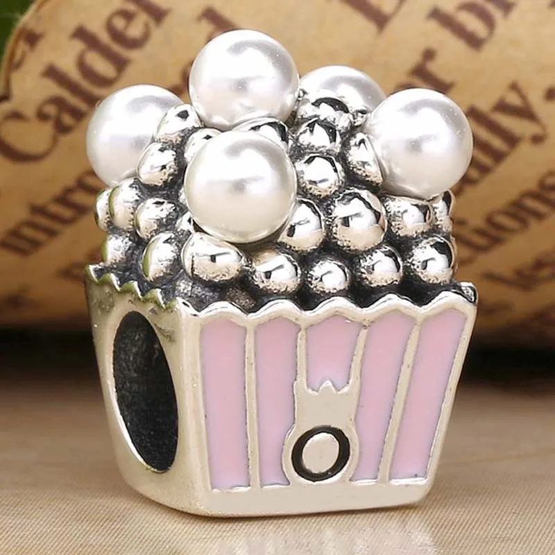 

Original Pink Enamel Delicious Popcorn Pearls With Crystal Beads Fit 925 Sterling Silver Bead Charm Bracelet Diy Jewelry
