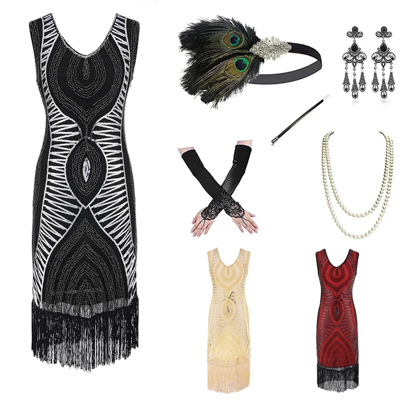 

1920s Retro Sleeveless V-Neck Fringe Dress For Women Adult Sequin 4 Colors Vintage Flapper Great Gatsby Party Dress S-XL DQL4959
