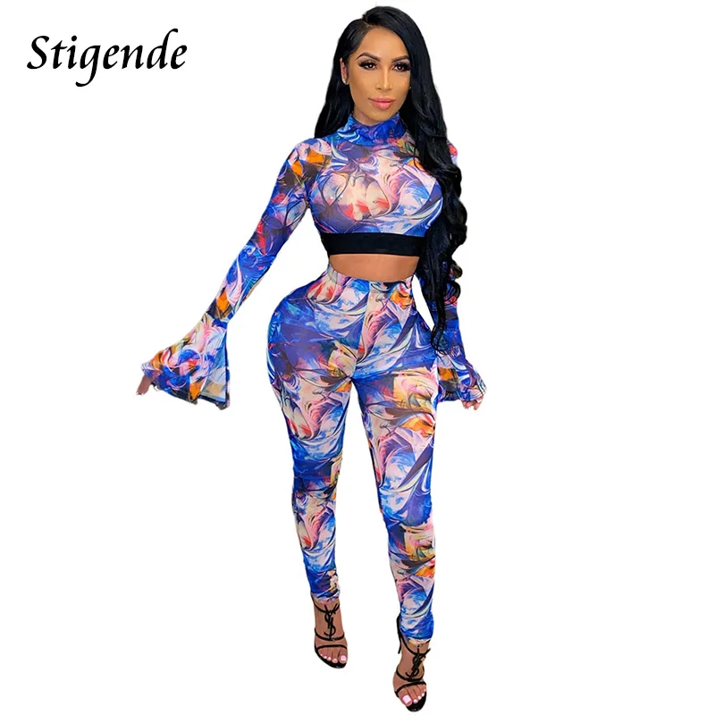 

Stigende Women Tie Dye Print Long Sleeve Two Piece Set Flare Long Sleeve Crop Top and Pants Patchwork See Through Party Outfit