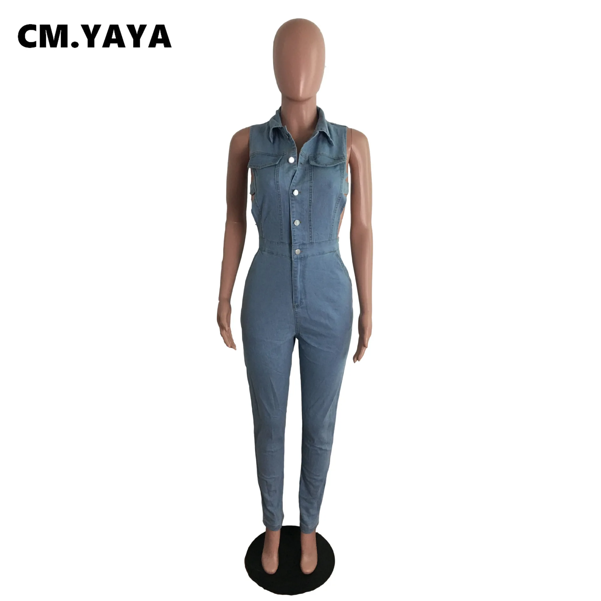 Женский джинсовый комбинезон CM.YAYA однобортный эластичный без рукавов с отложным