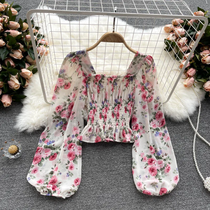 

Sweet Printed Chiffon Shirt Autumn 2021 New Women's Age-reducing Puff Sleeve Slim Short Tops Women