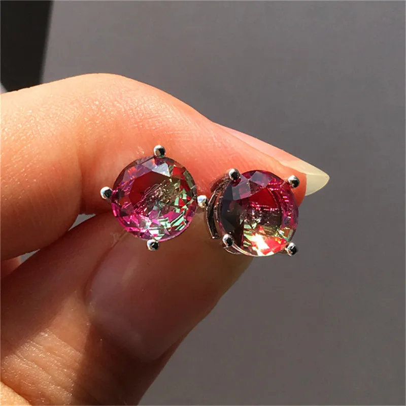 Pink Yellow Earrings Радужные огненные хрустальные круглые серьги-гвоздики для женщин 925 Серебряные Красочные фиолетовые Зеленые Синие циркониевые свадебные серьги простые ювелирные изделия - Окраска металла: Pink Yellow Earrings