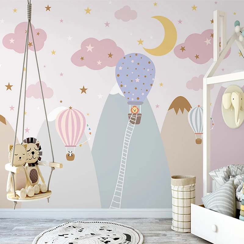 

Custom Mural Wallpaper 3D Hand Painted Pink Hot Air Balloon Clouds Starry Sky Children's Room Fresco Papel De Parede Wall Papers