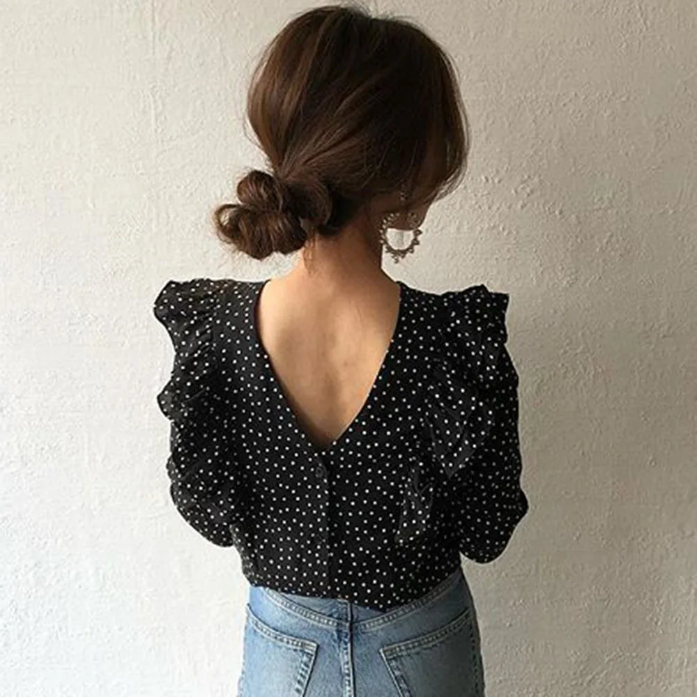 Корейская шифоновая блузка для женщин 2020 с длинным рукавом круглым вырезом