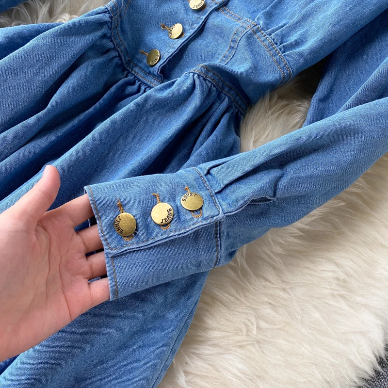

Spring Autumn Vintage Long Sleeve Denim Dress Women Elegant V Neck Button up High Waist Backless Slim A Line Midi Dress Vestidos