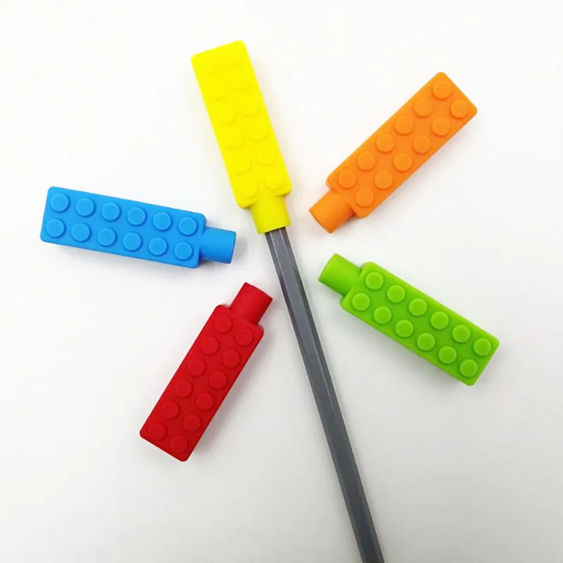 5PCS Silicone Brick Pen Topper Chewable Pencil Toppers Baby Teethers Kids Sensory Toy Food Grade Silicone