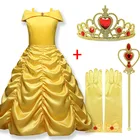 Желтое платье принцессы Белль, платье для косплея, Драпированное платье для девочек, праздничное детское платье с короной и волшебной палочкой, одежда для девочек, бальное платье на день рождения