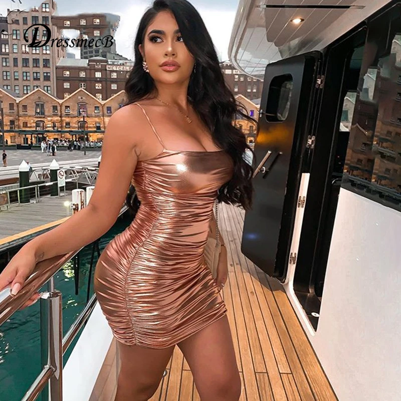 Летнее мини платье Dressmecb с воротником лодочкой без рукавов Осеннее ДРАПИРОВАННОЕ