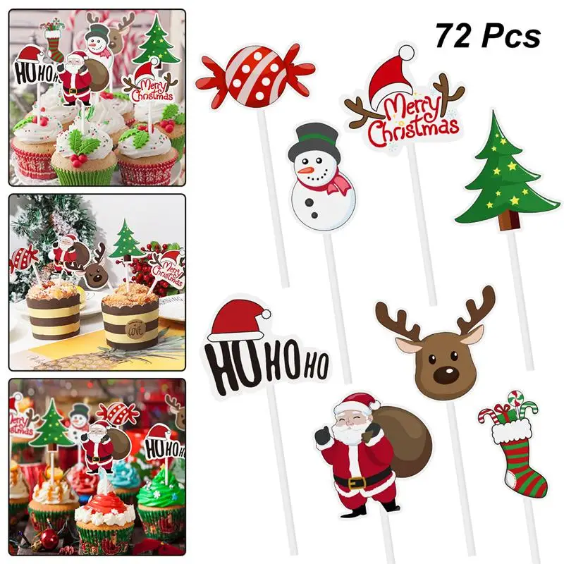 

72PCS Christmas Cupcake Toppers Santa Claus Tree Snowman Sock Candy Theme Party Cake Toppers Picks Decoration Supplies