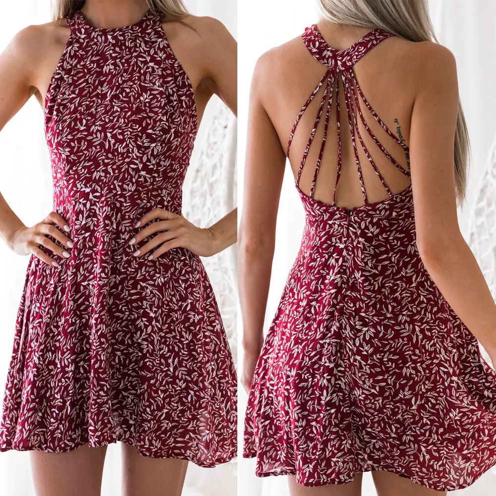 

Hot Sell Womens Boho Beach Summer Holiday Tumblr Sundress Halter Floral Mini Dress Ladies Slim Sleeveless Vestido Playa 2021 New