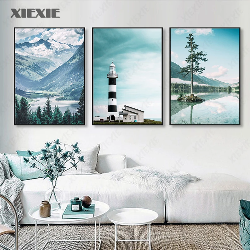

Modern Nordic Lake Mountain Posters Prints Wall Art Landscape Canvas Painting Modular Pictures for Living Room Decoration