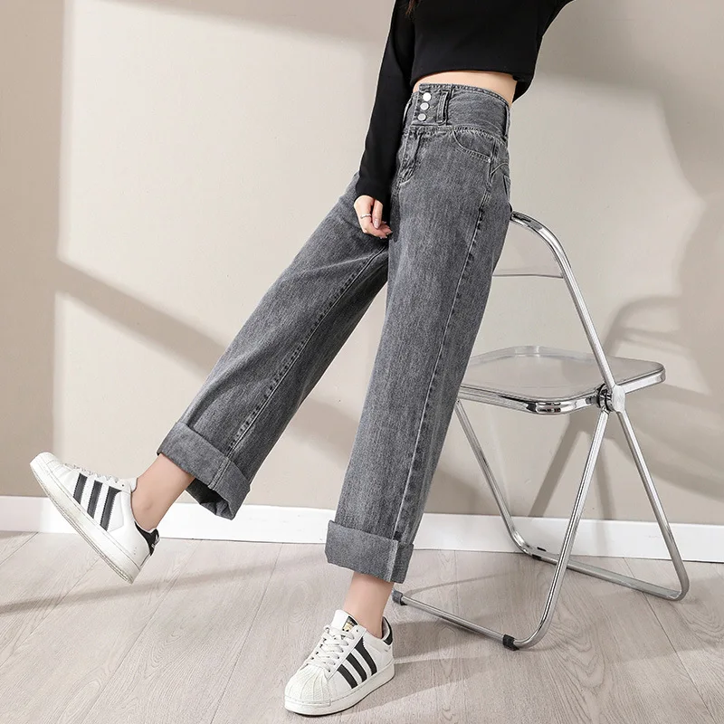 

Women's High Waist Plus Size XS-2XL Jeans for Girls Classic Burrs Baggy Jeans Mom Boyfriend Capris Straight Drape Mopping Pants