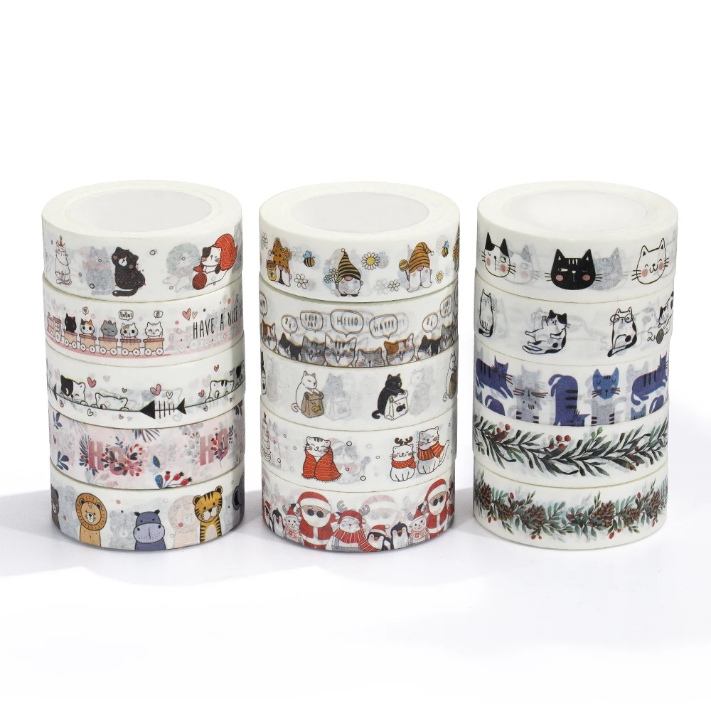 NEW 10pcs/lot 15MM*10M Cute Cat Animals Christmas Santa Claus elk HO Flowers Decorative Washi Tape Scrapbooking Masking | Канцтовары для