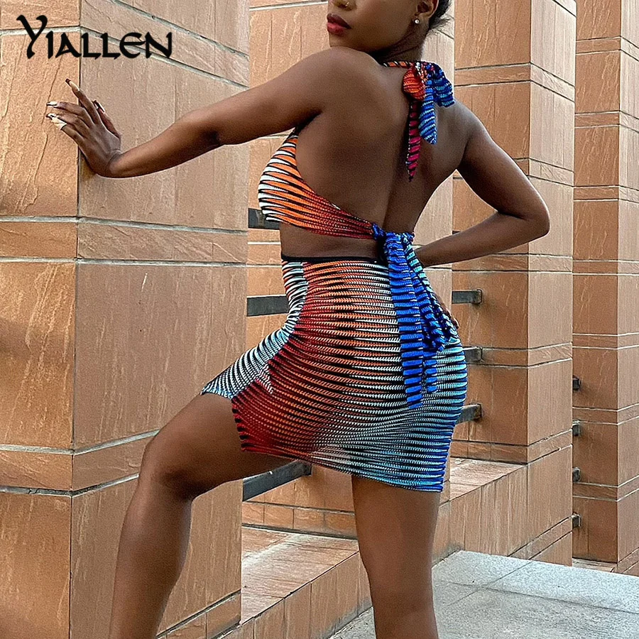 

Yiallen Summer Sexy Mesh Halter Dress Women Neon Colorful Sleeveless Backless Split Bodycon Party Club Birthday Y2K Mini Dress