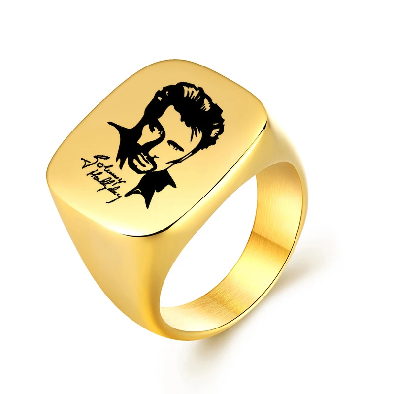 

Johnny Hallyday Photo Ring Stainless Steel Men Women Large Rings Punk Rock Males Finger Ring Gold Color Black Jewelry Gift