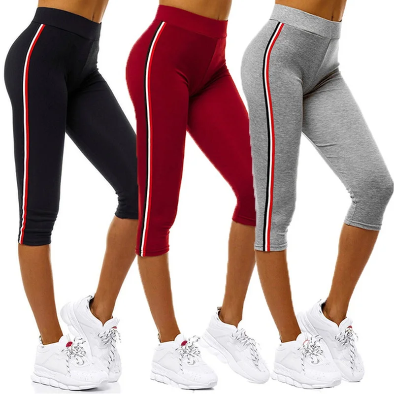 

Yoga Pants Women 2021 New Fashion Side Stripped High Waist Fitness Leggings Athletic Workout Calf-length Ladies Pants Plus Size
