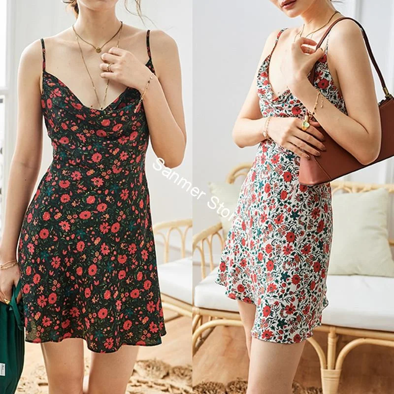 

Summer Women Mini Dress Spaghetti Strap Vintage Floral Printed Sleeveless Off-shoulder Two Color Sexy Ladies Sling Dresses