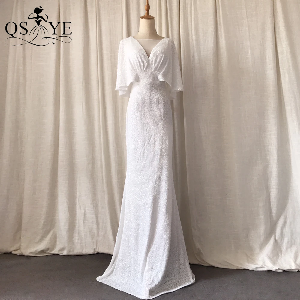 

Milk Sequin White Evening Dresses Mermaid Short Sleeves Sexy V Neck Evening Gown Ruched Glitter Bat Sleeves Formal Party Dress