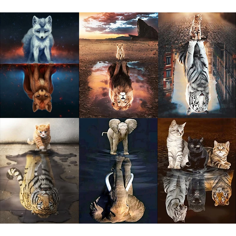

5D Diamond Painting Cat Full Square Diamond Embroidery Cat Lion Tiger Animals Reflection Pictures Rhinestones Mosaic Home Decor