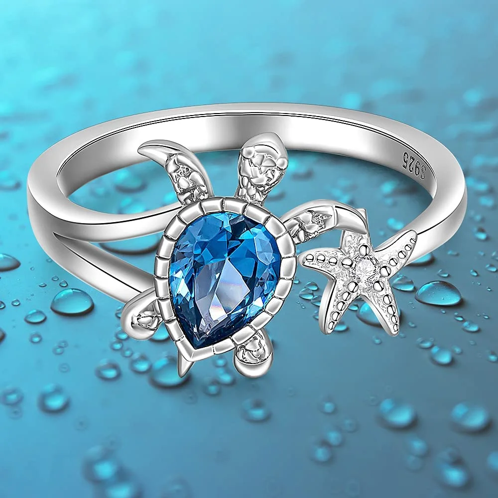 

Silver Sea Turtle Starfish Rings for Women Blue Topaz Cute Ocean Gifts Animal Cubic Zirconia Jewelry Girl Birthday Party Anillo