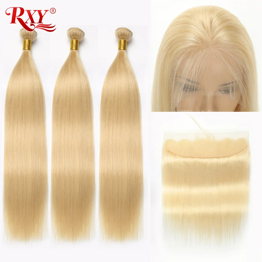 613 Bundles With Frontal Peruvian Hair Blonde 3 Closure RXY Straight Human NonRemy | Шиньоны и парики