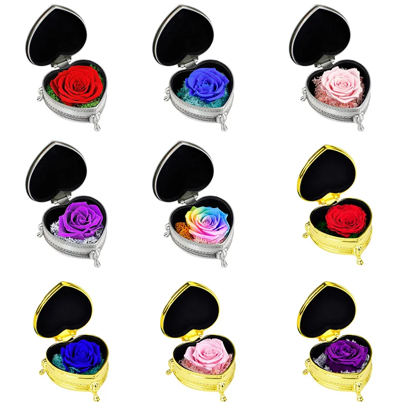

Christmas Valentine's Day Gift Rose Heart-Shaped Metal Jewelry Box Preserved Flower Gift Box LL@17